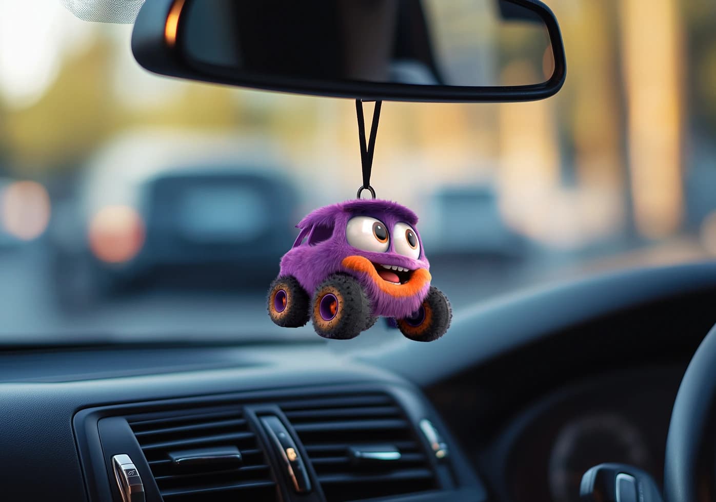 Small mascot hanging from rearview mirror